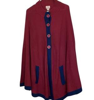 Hot in Hollywood Berry with Navy Trim Knit Button Cape Poncho Size XL